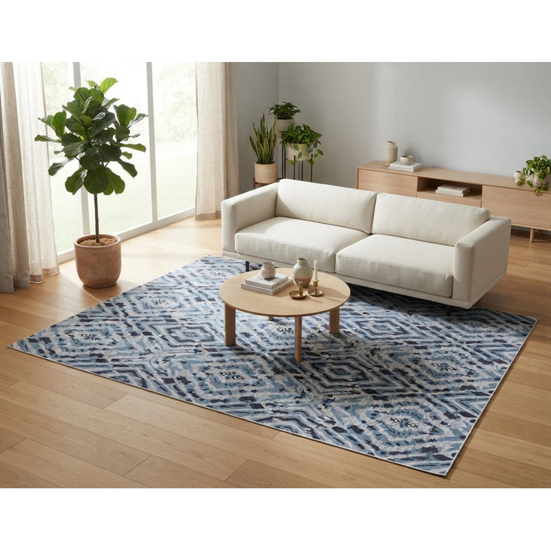Tapis bleu / gris en laine et viscose Bungalow Rose, Rectangle 7 pi 6 po x 9 pi 6 po