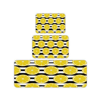 Lemon Slice Stripe Set Of 3 Kitchen Floor Mat For Kitchen, Porch, Yellow Black White