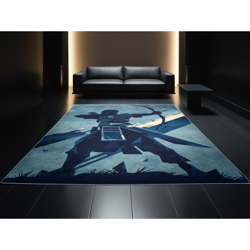 Tapis moelleux moelleux d'inspiration mondiale Dunmire Steppe Archer en bleu - Reliure bleu ciel, 4 x 6