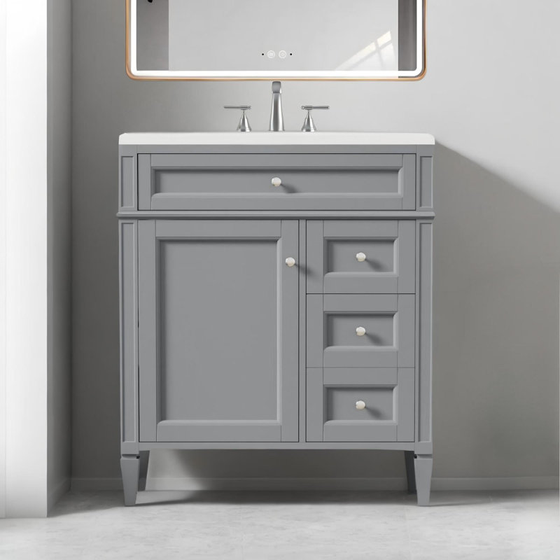 Meuble-lavabo moderne de 30 po avec plateau en résine, 2 tiroirs et un tiroir basculant, Gris, Argent argent