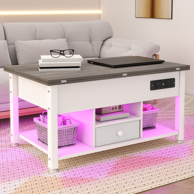  Folding Lifting Coffee Table, 4-In-1 Convertible Table With RGB Light And Type-G Outlets, Light Oak And White