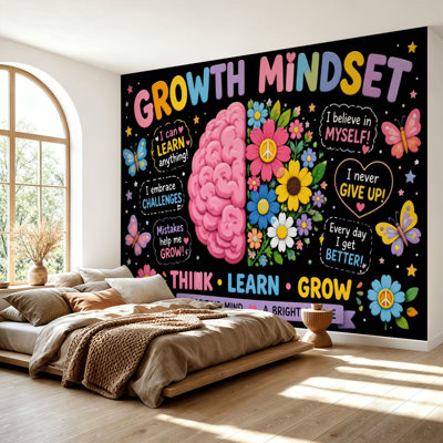 Wall Mural Peel and Stick Wallpaper Colorful Growth Mindset Brain Flowers Motivational Phrases Self-Adhesive Removable Contact Paper Wall Decor for Living Room Bedroom 69"H x 96"W