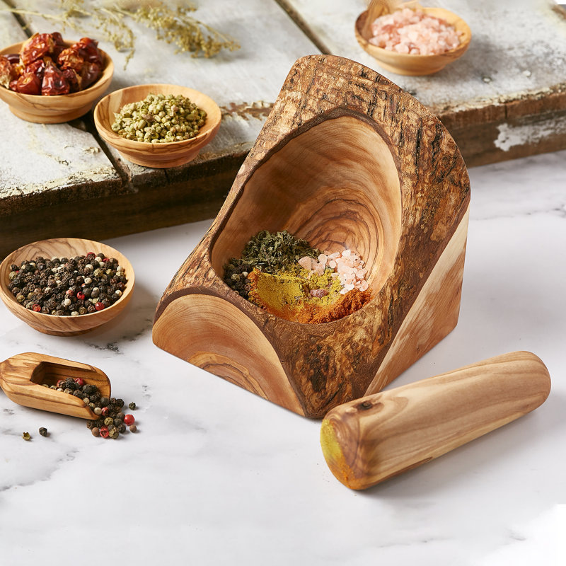 Ensemble de mortier et pilon carrés en bois d'olivier
