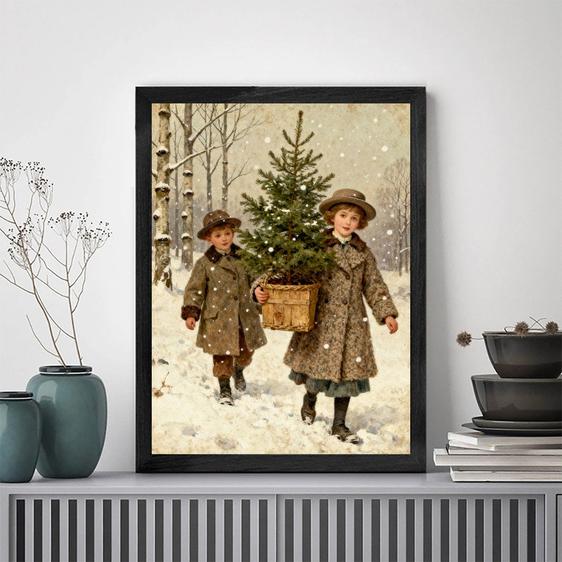 Art mural encadré noir, arbre de Noël rétro, reproduction de cadre fantaisiste d'hiver classique, H 25 po x l 17 po