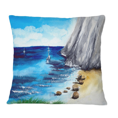 A Sea Shore With Yellow Sand Mountains And A Yacht - Nautical & Coastal Printed Throw Pillow