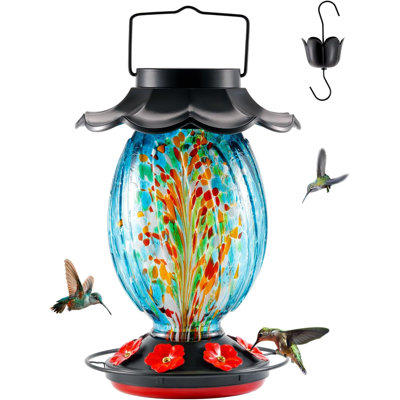 Mangeoire solaire à colibri - 49 oz. Verre soufflé à la main couleur changeante - 7 ports d'alimentation avec perchoir - ne fuit jamais - mangeoire parfaite pour colibris à suspendre à l'extérieur (bleu)