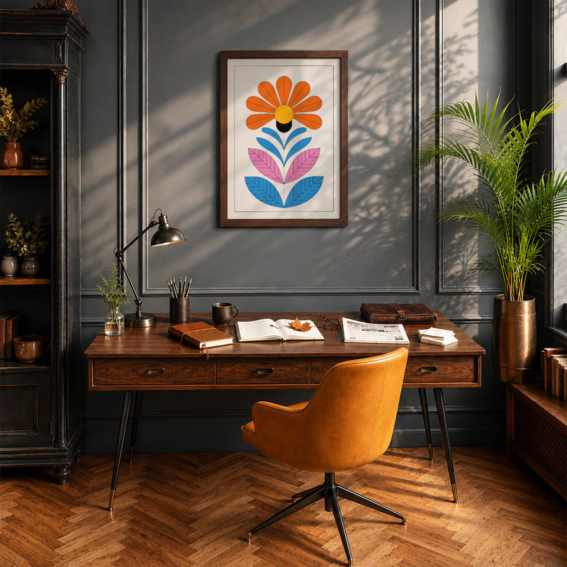 Geometric Daisy Botanical - Framed Print, Walnut, A3 - 42.0 x 29.7 cm