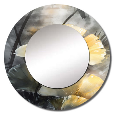 Grochow Artwork Of Tropical Pal Gingko - Leaves Mirror, Yellow Round Decorative Wall Mirror, Printed Metal Art