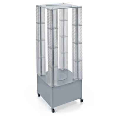 Présentoir multi-tours en panneau perforé sur base à roulettes. Taille du panneau: l 4 po x H 48 po