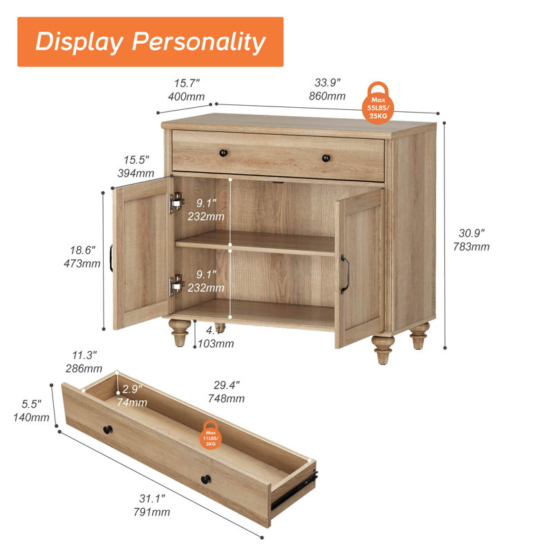 Scarlett Sideboard Buffet Cabinets With Doors And Drawers, Large Kitchen Storage Cabinets Wood Coffee Bar Tables With Storage, Modern Farmhouse Sideboard Credenza For Dining Room, Living Room, Oak, 34 Inch