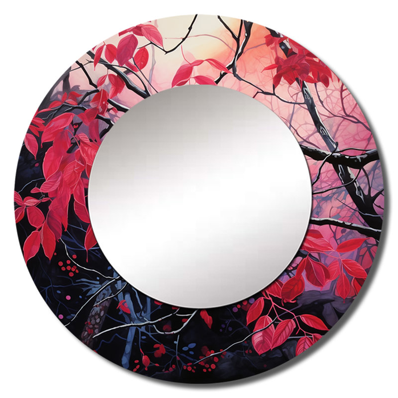 Rouge et noir minimaliste botanique feuilles I - miroir mural feuilles, miroir décoratif rond rouge, impression d'art en métal