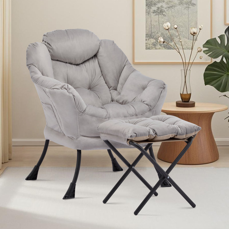 Upholstered Armchair With Footstool, Grey