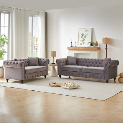 Comfortable 5 - Seat Apartment With Grey Velvet, Hand Buttons, And Dark Brown Legs Soft Velvet Rolled Arms, A Spring Foam Design
