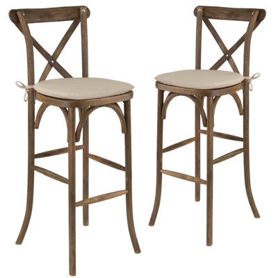 Aylar 350lb. Rated Dark Antique Wood Cross Back Stackable Barstool with Cushion