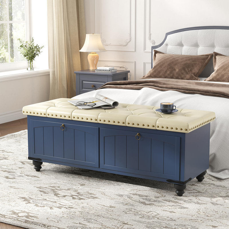 Repose-pieds en bois avec rangement et charnière de sécurité, Bleu