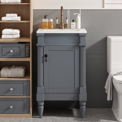 Meuble-lavabo autoportant rétro gris avec lavabo en céramique