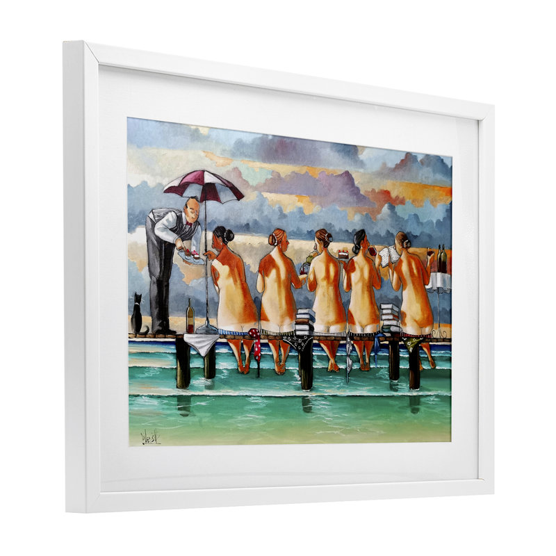 «The Book Club Beachgoers», reproduction encadrée sous verre, design par Ronald West, H 14 po x l 20 po, Cadre blanc côtier