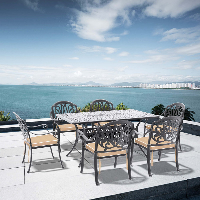 7-Piece Cast Aluminum Patio Furniture Set With Brown Cushions
