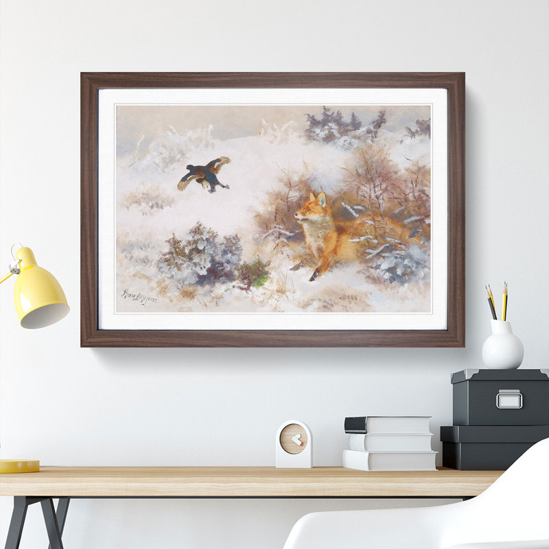 Fox and Black Grouse by Bruno Liljefors - Picture Frame Painting, 27cm H x 36cm W x 2cm D, Walnut Framed