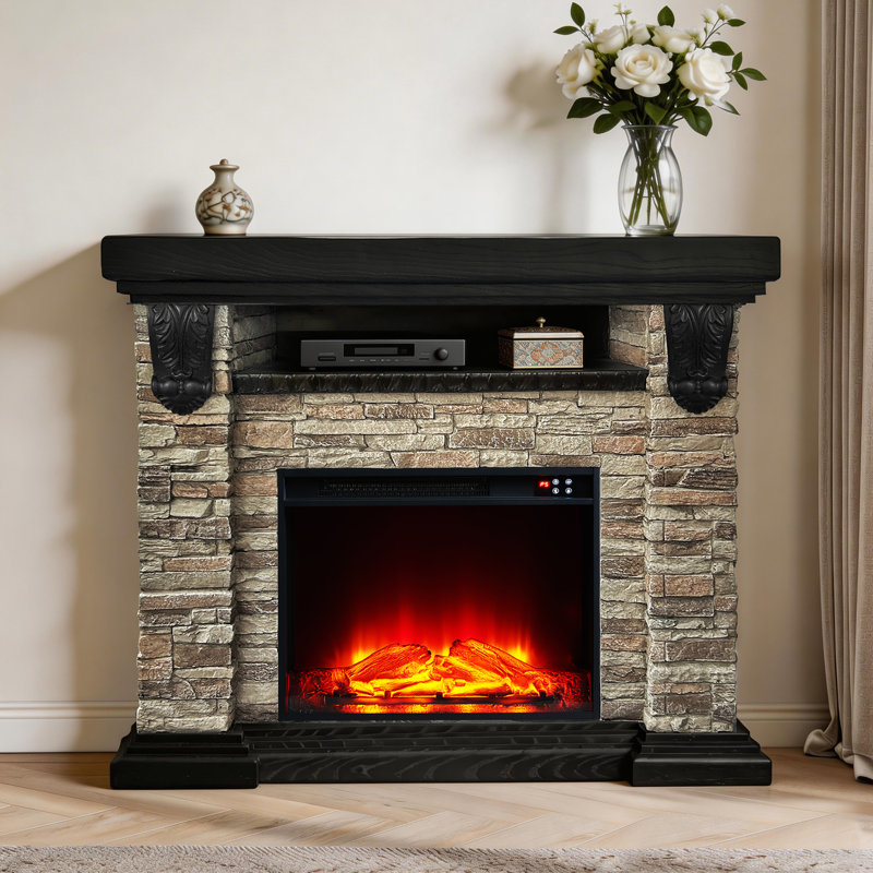 45" Faux‑Stone Freestanding Electric Fireplace with Mantel, Tan