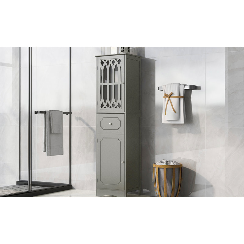 Grey Freestanding Bathroom Cabinetry - Board With Adjustable Shelf, Drawer, And Doors Doors, Shelf, Gray