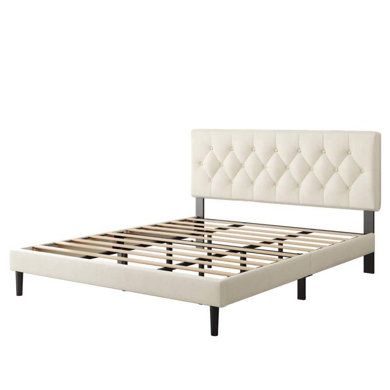 Structure de lit tapissier avec tête de lit, support en lattes de bois massif, Beige, Très grand
