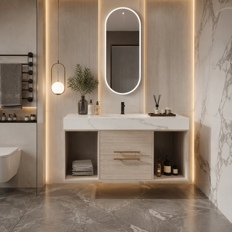 Wall Mounted Single Vanity Bathroom Vanity With Stone Top, White,Wood