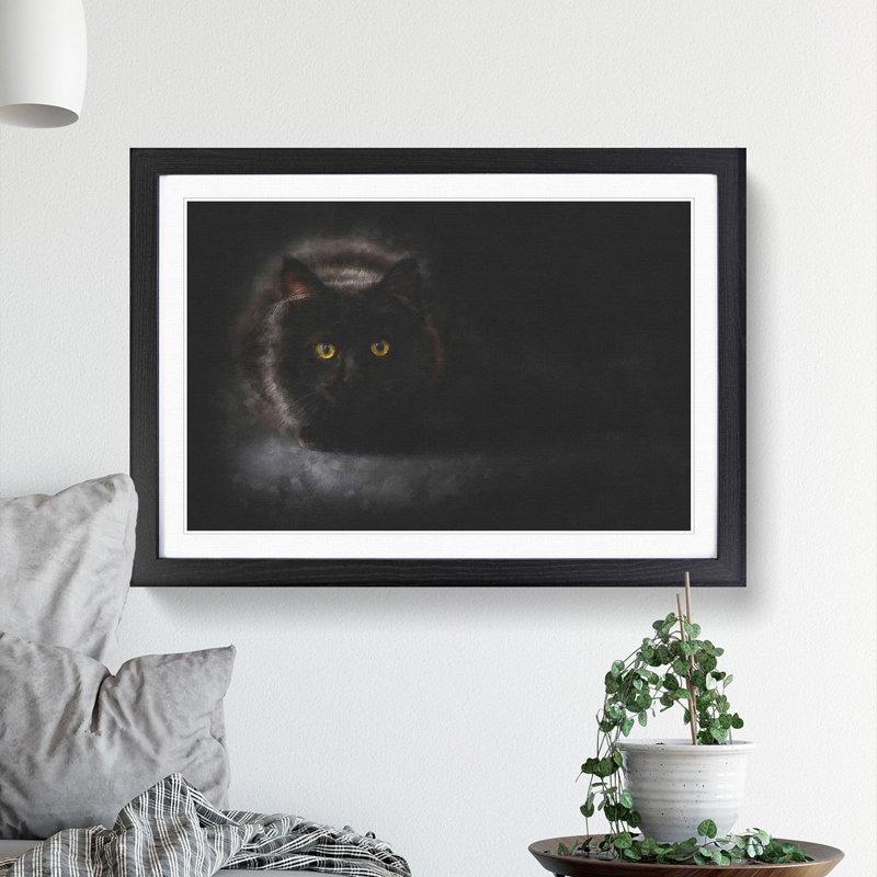 Black Cat with Yellow Eyes - Picture Frame Painting Print, 24cm H x 33cm W x 2cm D, Black Framed