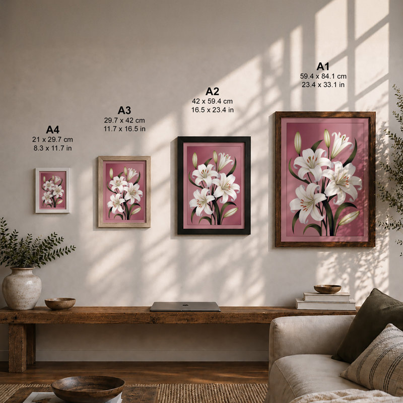 White Lilies Study Botanical - Framed Print, A2 - 59.4 x 42.0 cm, Black