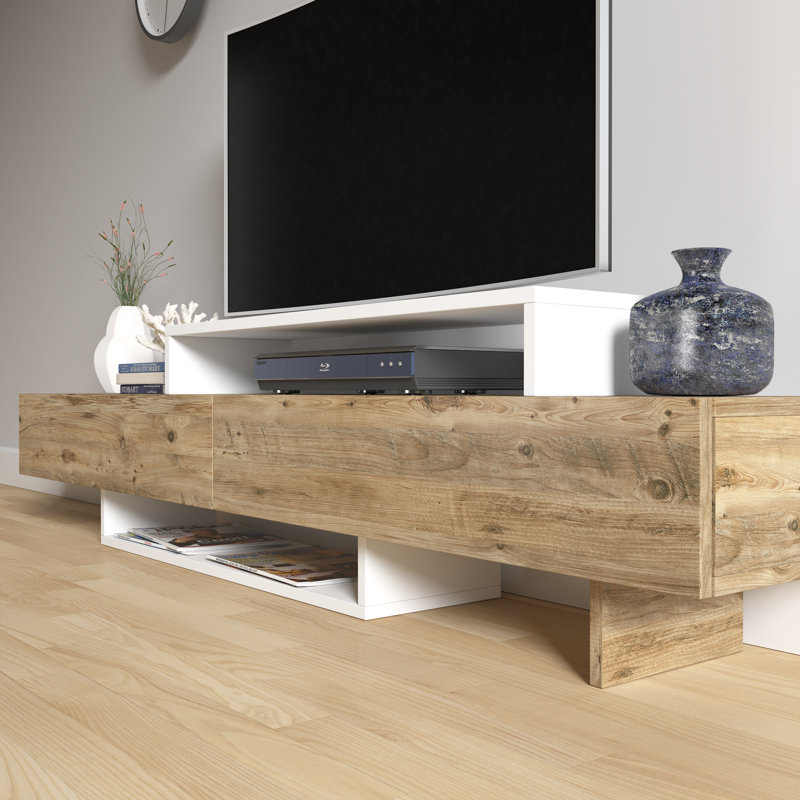 Meuble télé Tara pour téléviseur de 65 po ou moins, console média minimaliste à profil bas avec rangement, finition deux tons blanc / chêne brun