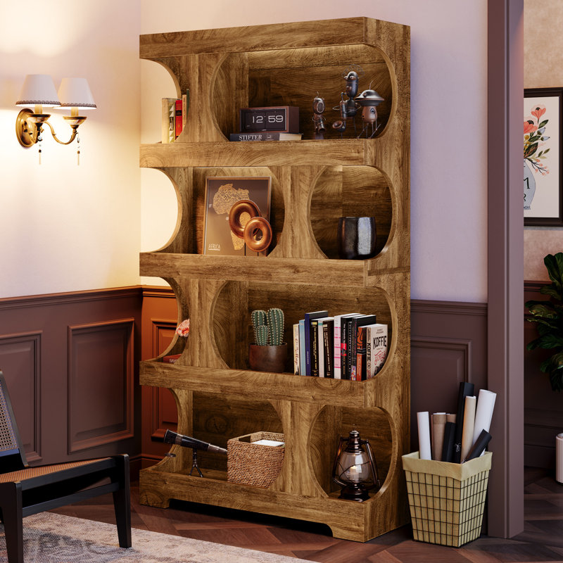 71" Tall Bookcase, 4-Tier S-Shaped Bookshelf, Brown