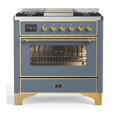 Cuisinière à combustible double de 36 po avec 6 brûleurs scellés et plaque chauffante Majestic III Series en bleu-gris (gaz naturel, garniture en laiton)