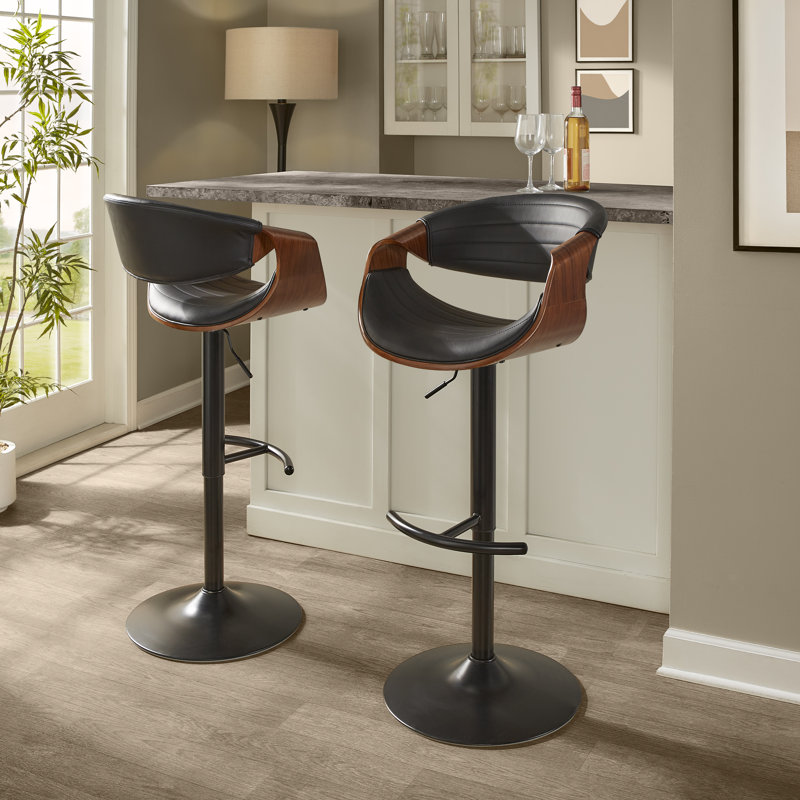 Lakyia Adjustable Faux Leather Bar Stool with Rounded T Footrest (Set of 2), Black, Black/Walnut Wood