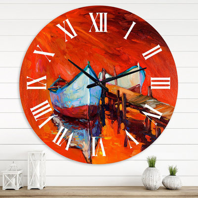 Bateaux, reposant sur l'eau près de Coastal Town IV - Horloge murale nautique et côtière