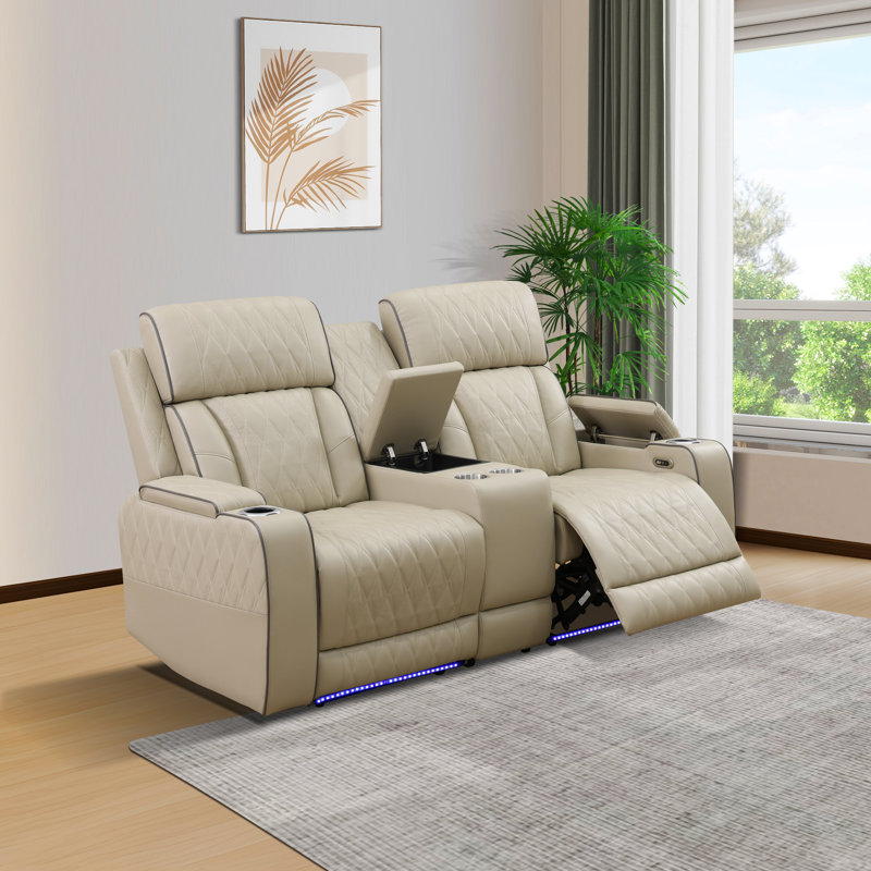 Ensemble de canapé inclinable électrique en cuir 2 pièces avec lumière DEL, station de charge sans fil, lampe de lecture et accoudoir de rangement