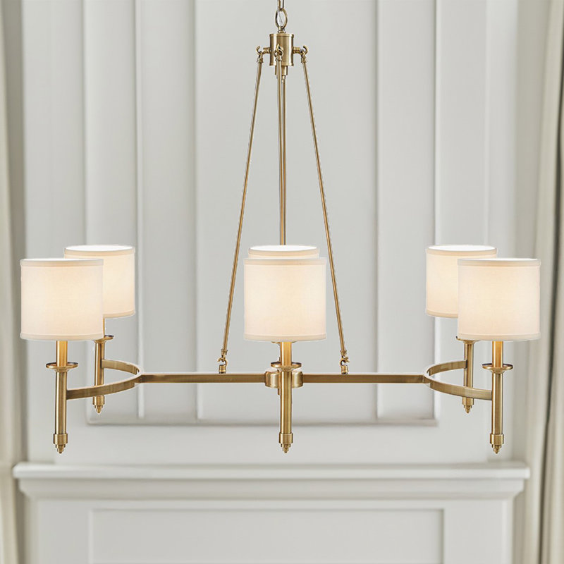Lustre 6 lumières or antique avec abat-jour tambour en tissu