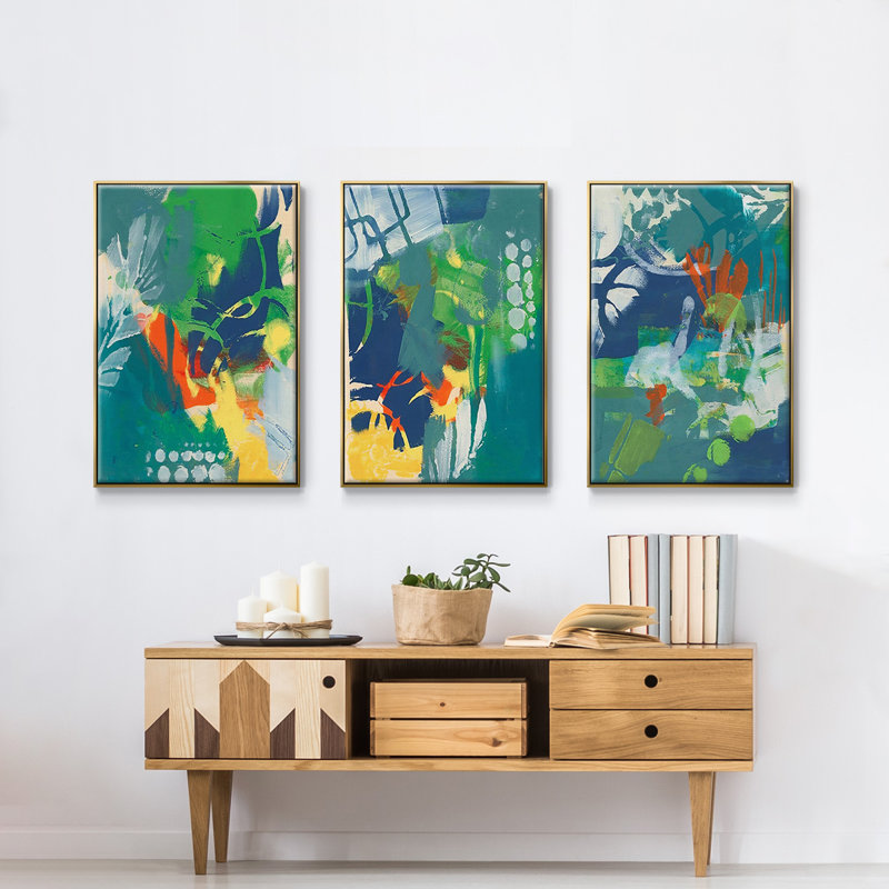 Impression tropicale encadrée sur toile 3 pièces, H 36 po x l 72 po x P 2 po, Or