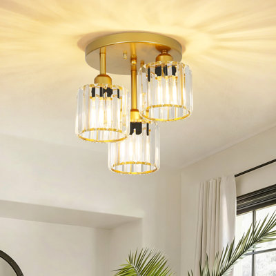 3-light Gold Semi Flush Mount Ceiling Light, Modern Crystal Fixture For Kitchen, Entryway & Bedroom