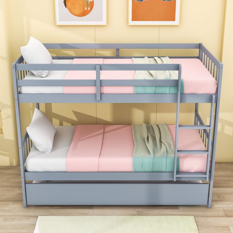 Hulbard Twin Over Twin Convertible Wooden Bunk Bed With Twin Trundle And Safety Guardrails, Gray