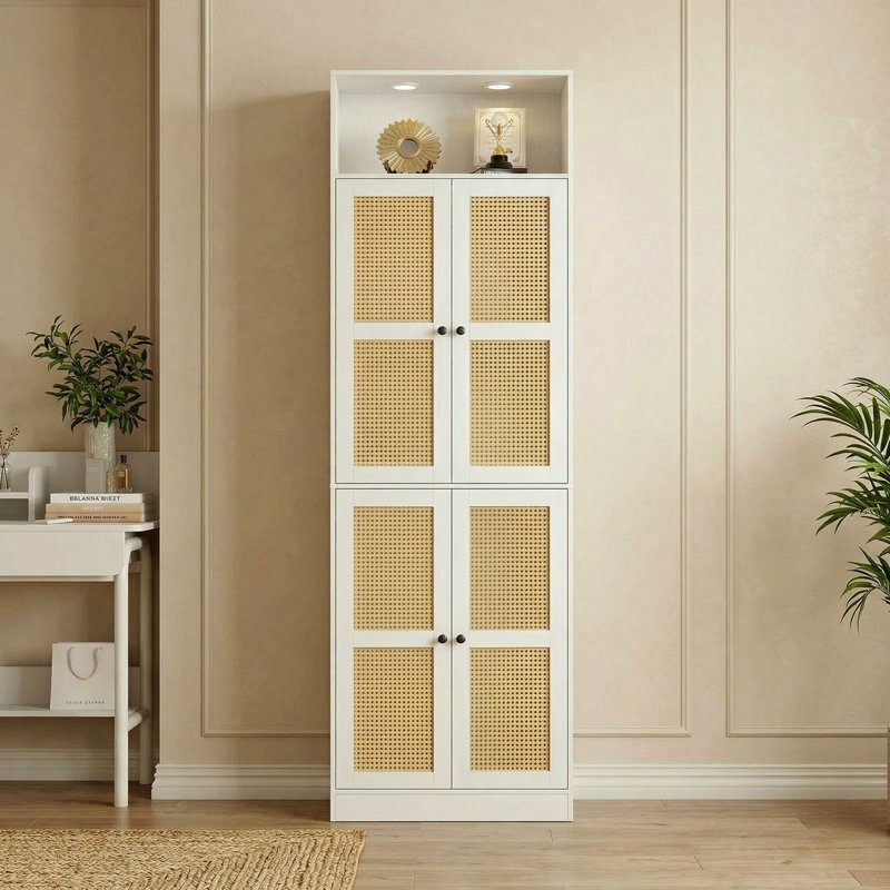 85.8" H X 23.6" W 7-Tier Large Rattan Wood Storage Bookcase, Bookshelf With Storage Cabinet and White Downlights For Living Room, Study