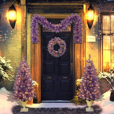 Ensemble de 4 pièces d'arbre de Noël artificiel pré-éclairé, guirlande, couronne et ensemble de 2 arbres d'entrée, X-Mas avec lumières DEL, ensemble de fête du PVC, mauve
