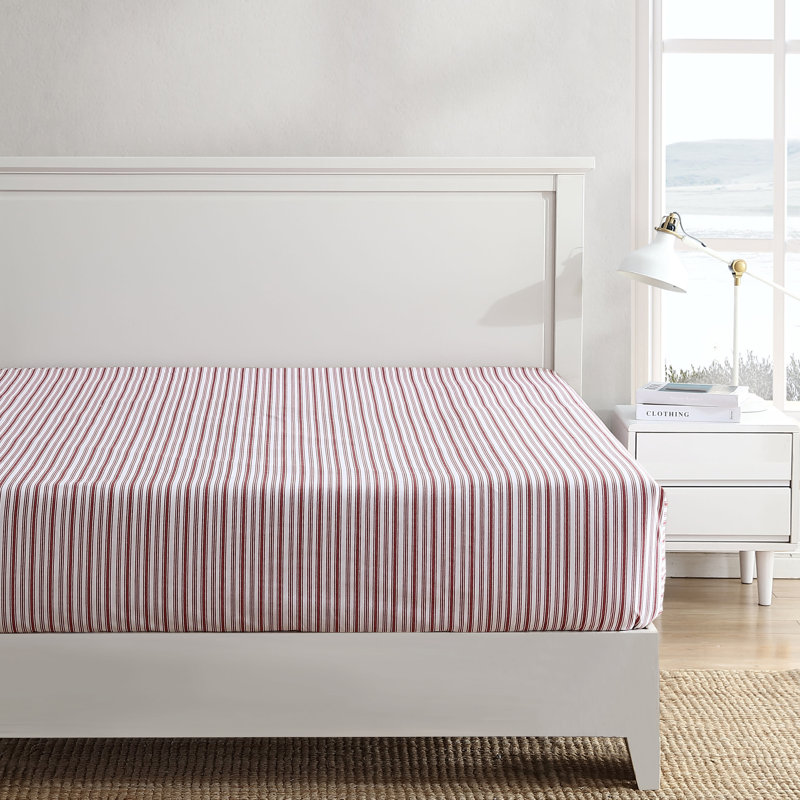Twin Red Cotton Percale Striped Fitted Sheet