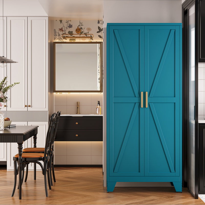 71 po Armoire de cuisine multifonctionnelle 71 po avec 4 tablettes réglables et 2 portes (bleu)