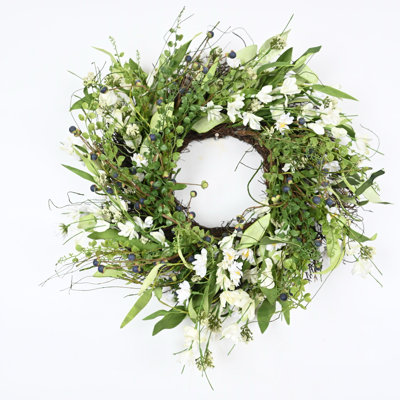 20" Artificial Farmhouse Spring Summer Greenery Mini Eucalyptus Berry Wildflower Front Door Floral Wreath
