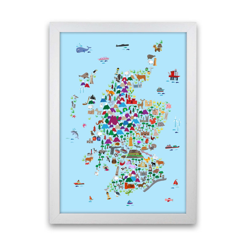 Animal Map Of Scotland Nursery by Michael Tompsett - Print, 46cm H x 34cm W x 3cm D, White Framed