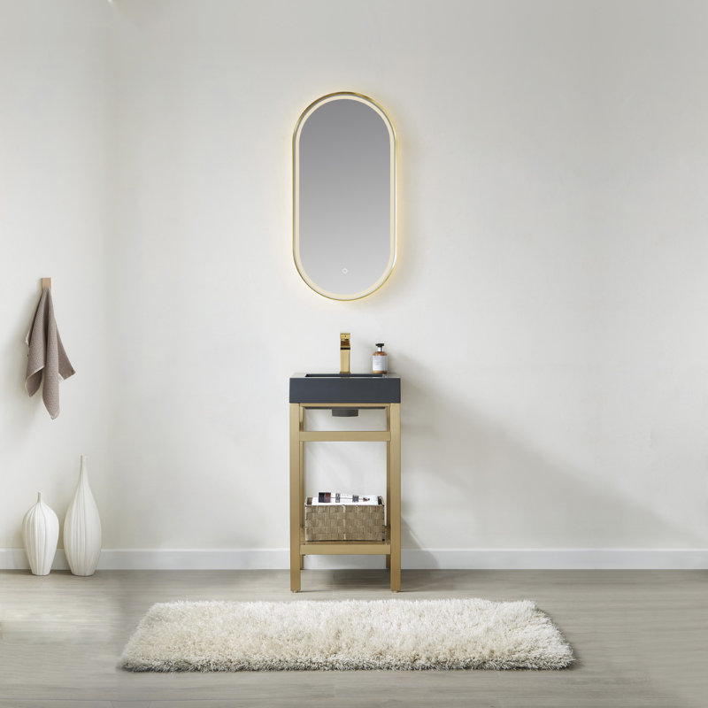 Ensemble de meuble-lavabo simple 18 po avec miroir Hobert, Or brossé, Blanc, Blanc