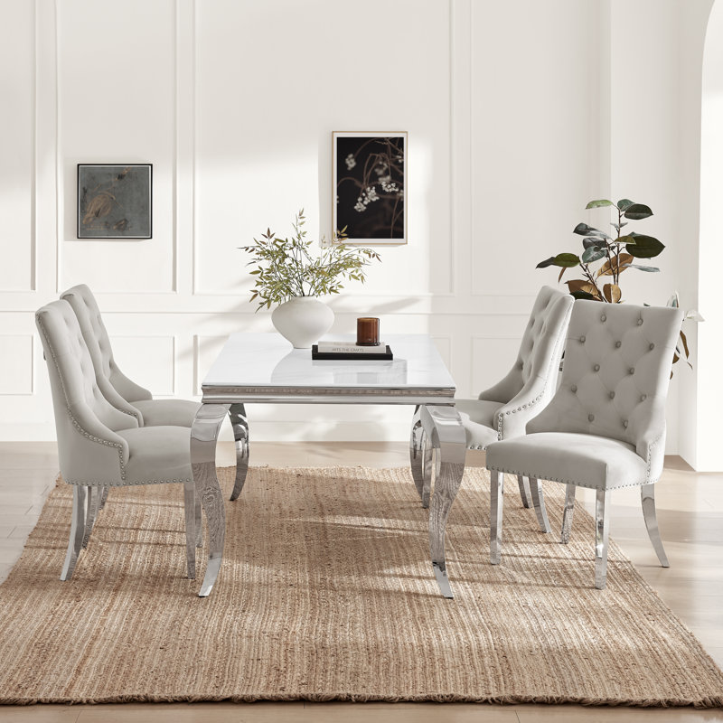 Bilche Rectangular White Marble Glass & Metal Table With Eubanks Velvet Knockerback Chairs, 4