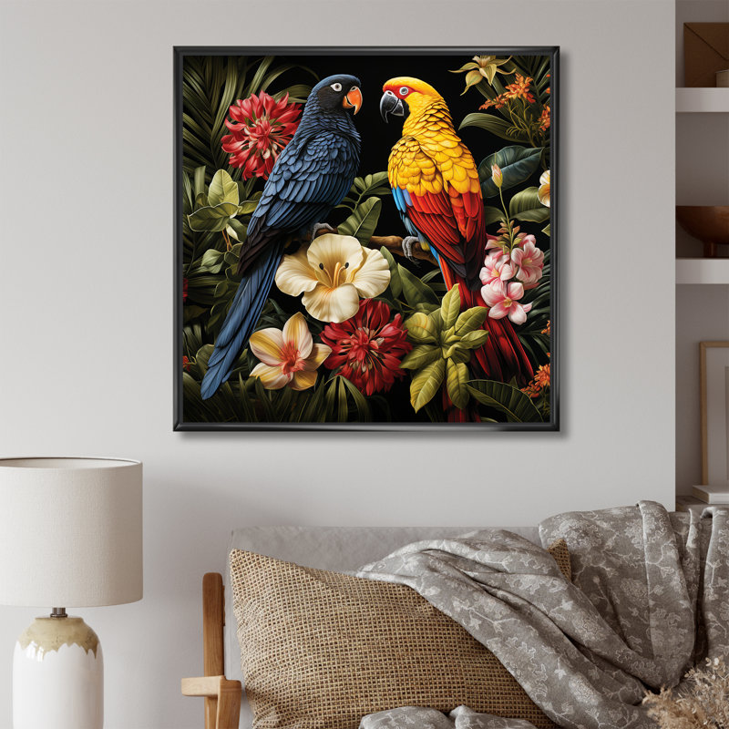 Jaune et bleu, perroquets tropicaux - art mural perroquet, Noir, H 16 po x l 16 po