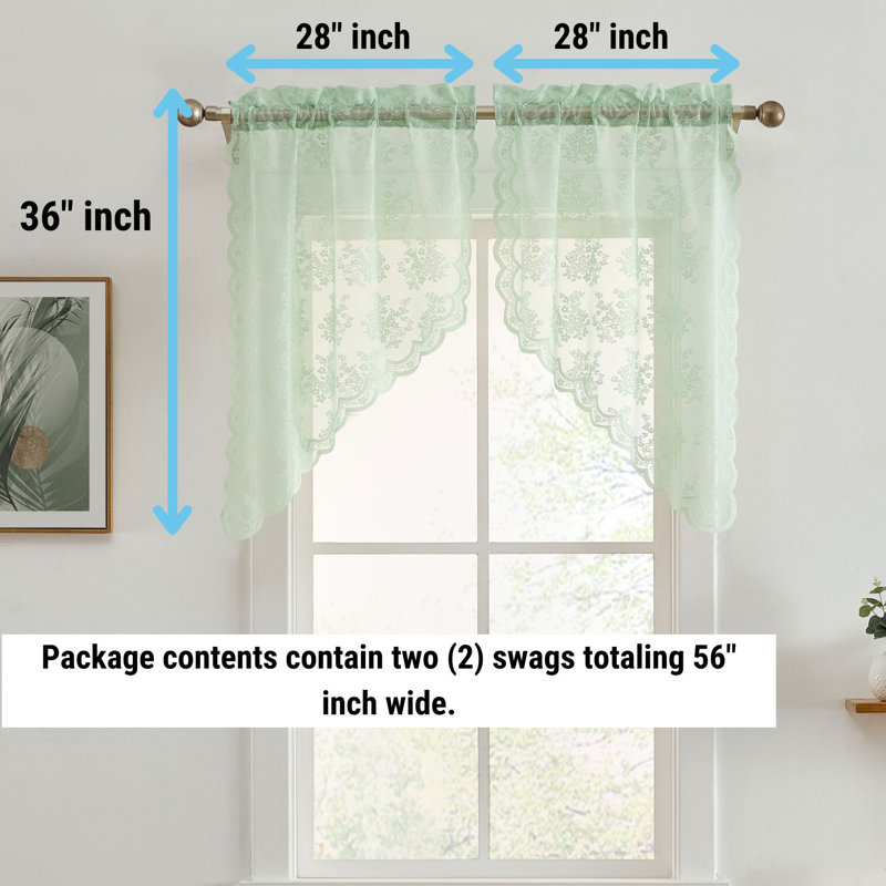 Stefani Floral Rod Pocket Lace Semi Sheer Voile Short Cafe Tiers for Small Windows - 28 x 36 Inch Length - Set of 2