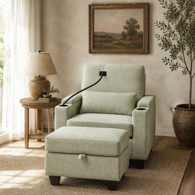 Canapé inclinable simple avec dossier réglable manuellement, port de charge USB sur le côté de l'accoudoir, support pour téléphone inclus, rangement pour accoudoirs dissimulé et repose-pieds de rangement assorti - cyan